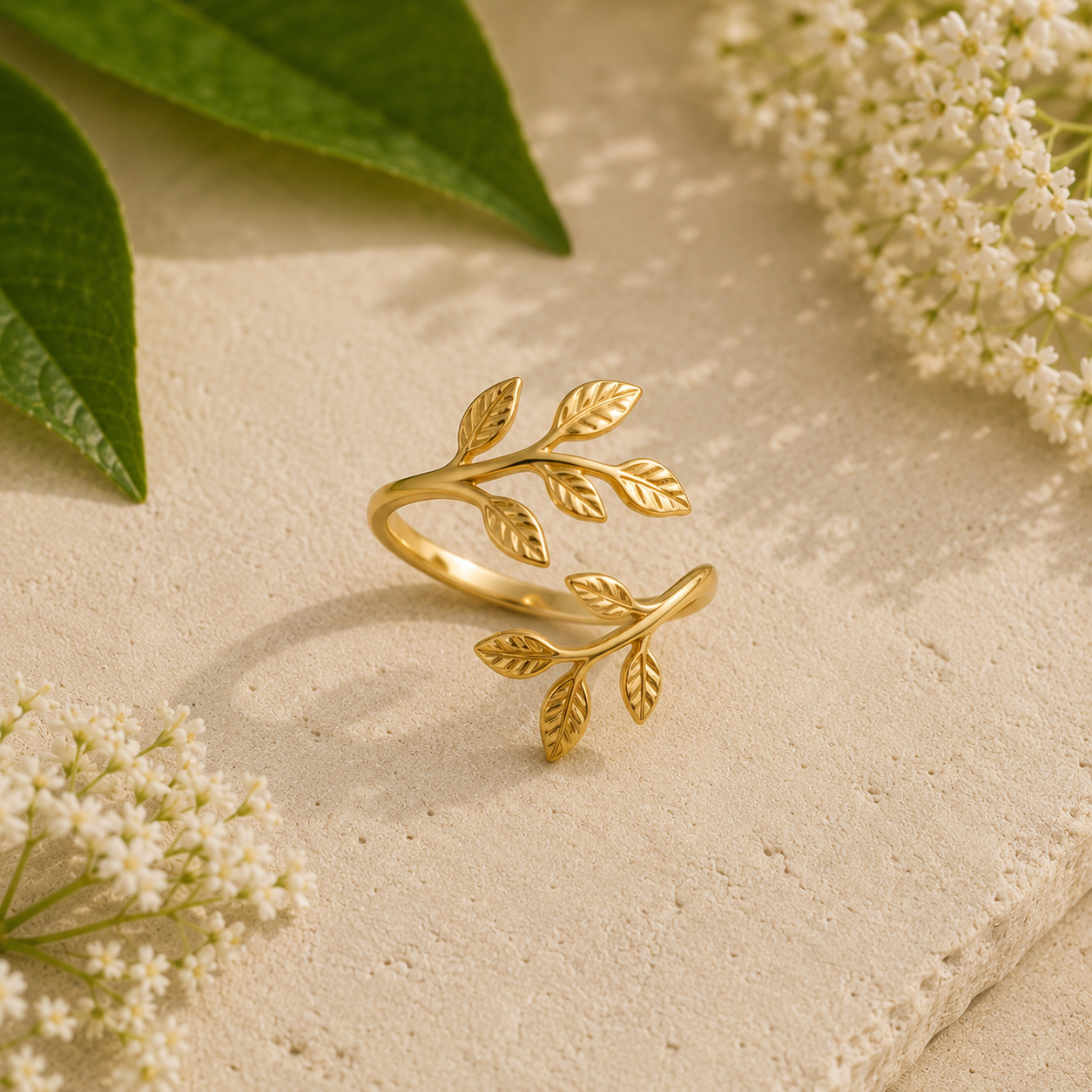 GOLD PLATED LEAF RING